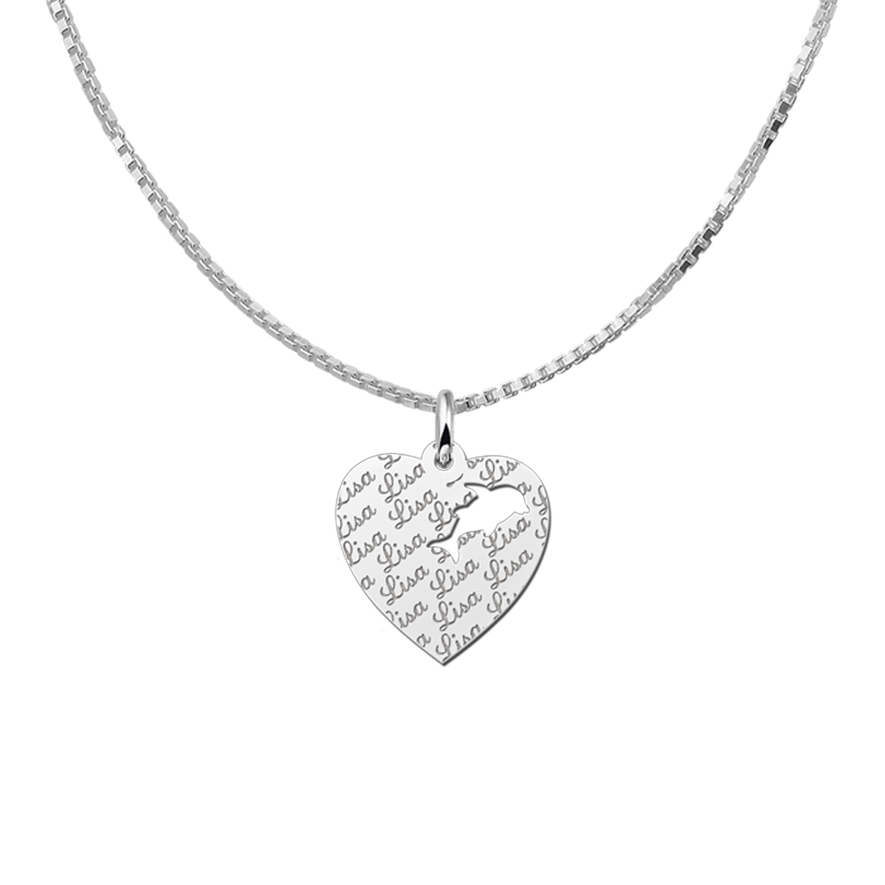 Repeatedly Engraved Silver Heart Pendant with Dolphin