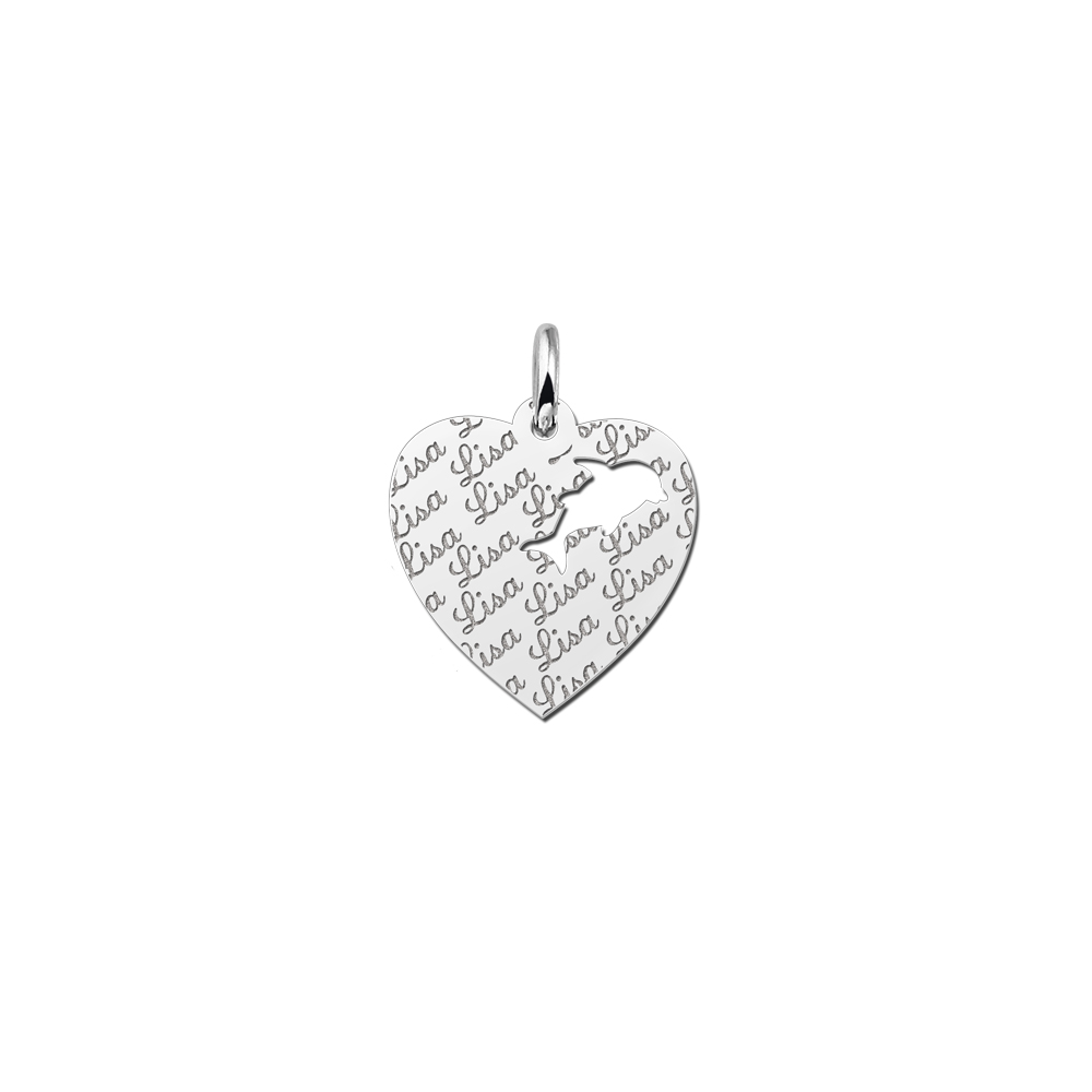 Repeatedly Engraved Silver Heart Pendant with Dolphin