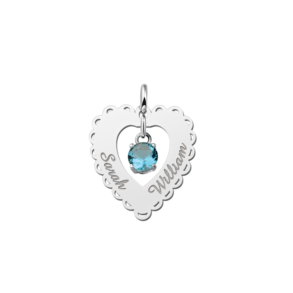 Silver pendant heart lace 2 names cubic zirconia