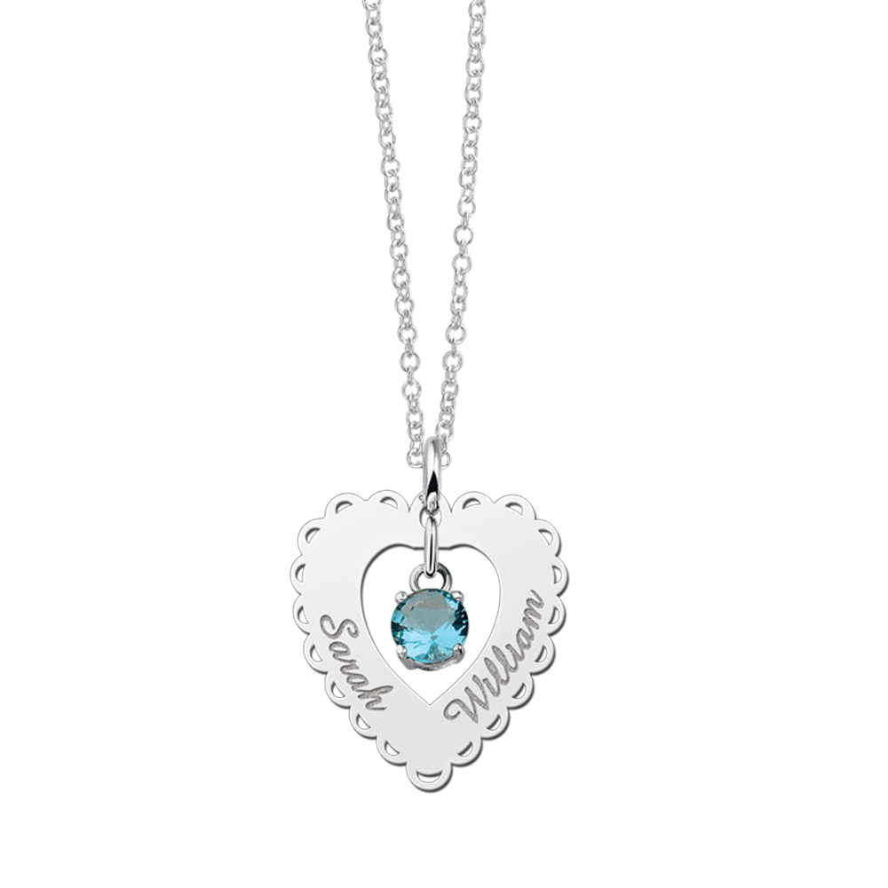 Silver pendant heart lace 2 names cubic zirconia