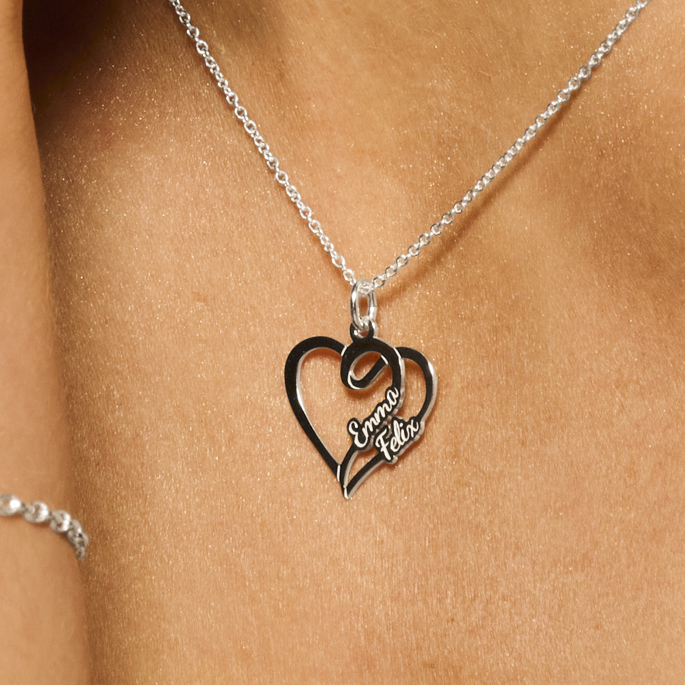 Silver heart shaped pendant for two names small