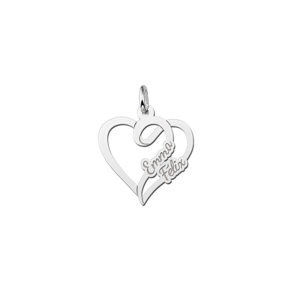 Silver heart shaped pendant for two names small