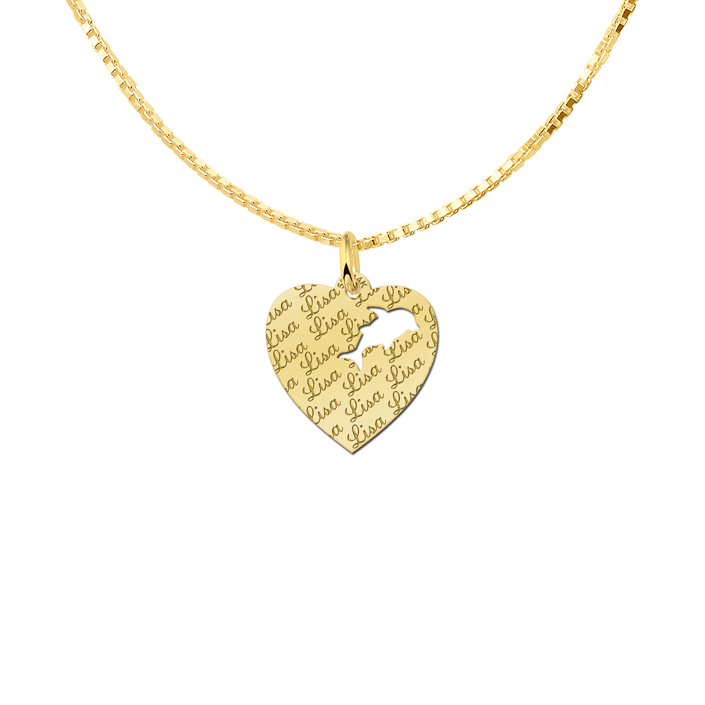 Repeatedly Engraved Gold Heart Pendant with Dolphin