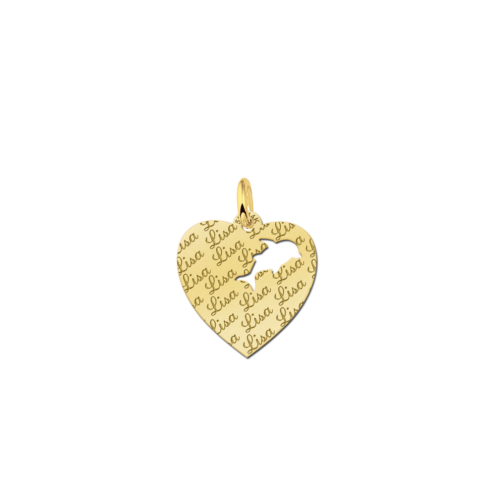 Repeatedly Engraved Gold Heart Pendant with Dolphin