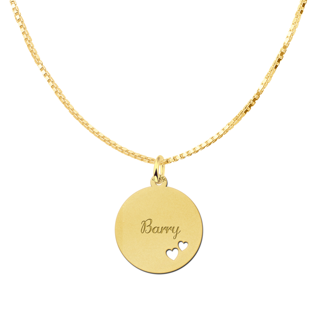 Golden Disc Necklace with Name and Two Hearts