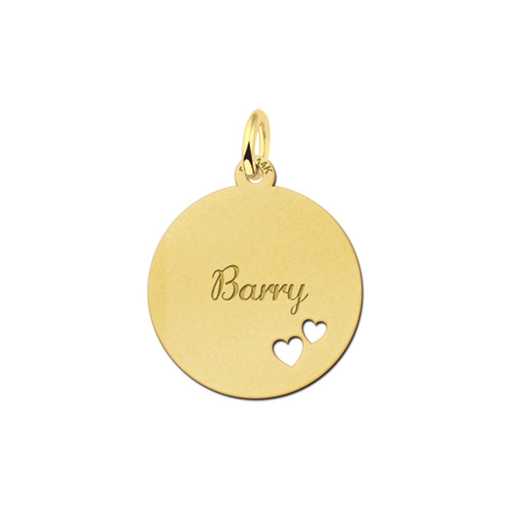 Golden Disc Necklace with Name and Two Hearts
