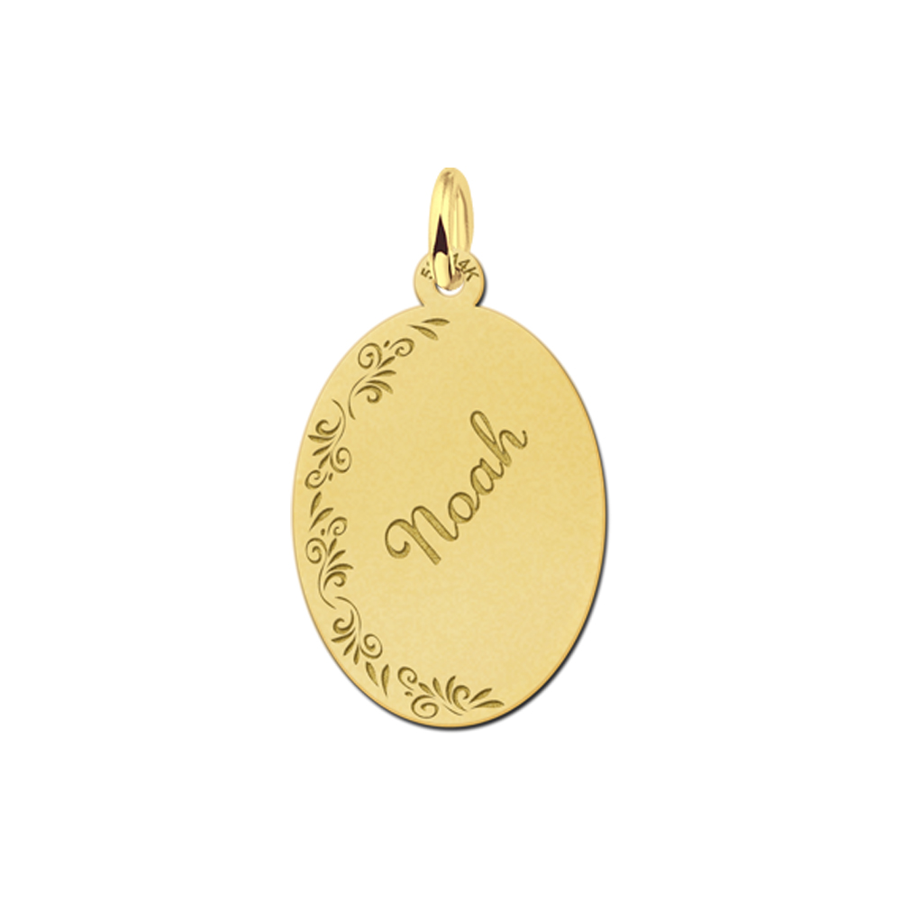 Gold Oval Necklace with Name and Flowers Large