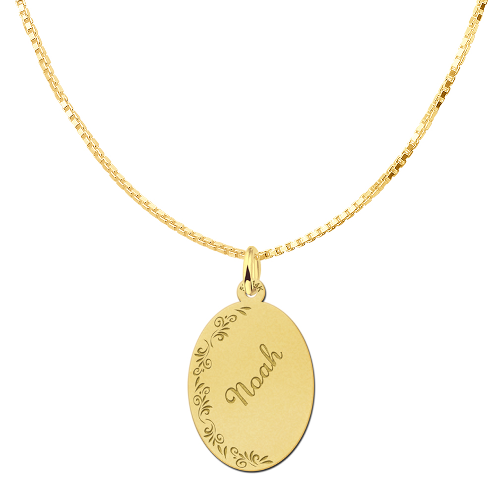 Gold Oval Necklace with Name and Flowers Large