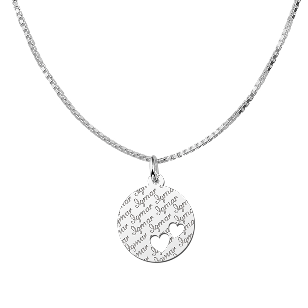 Silver Disc Necklace Repeatedly Engraved and Two Hearts