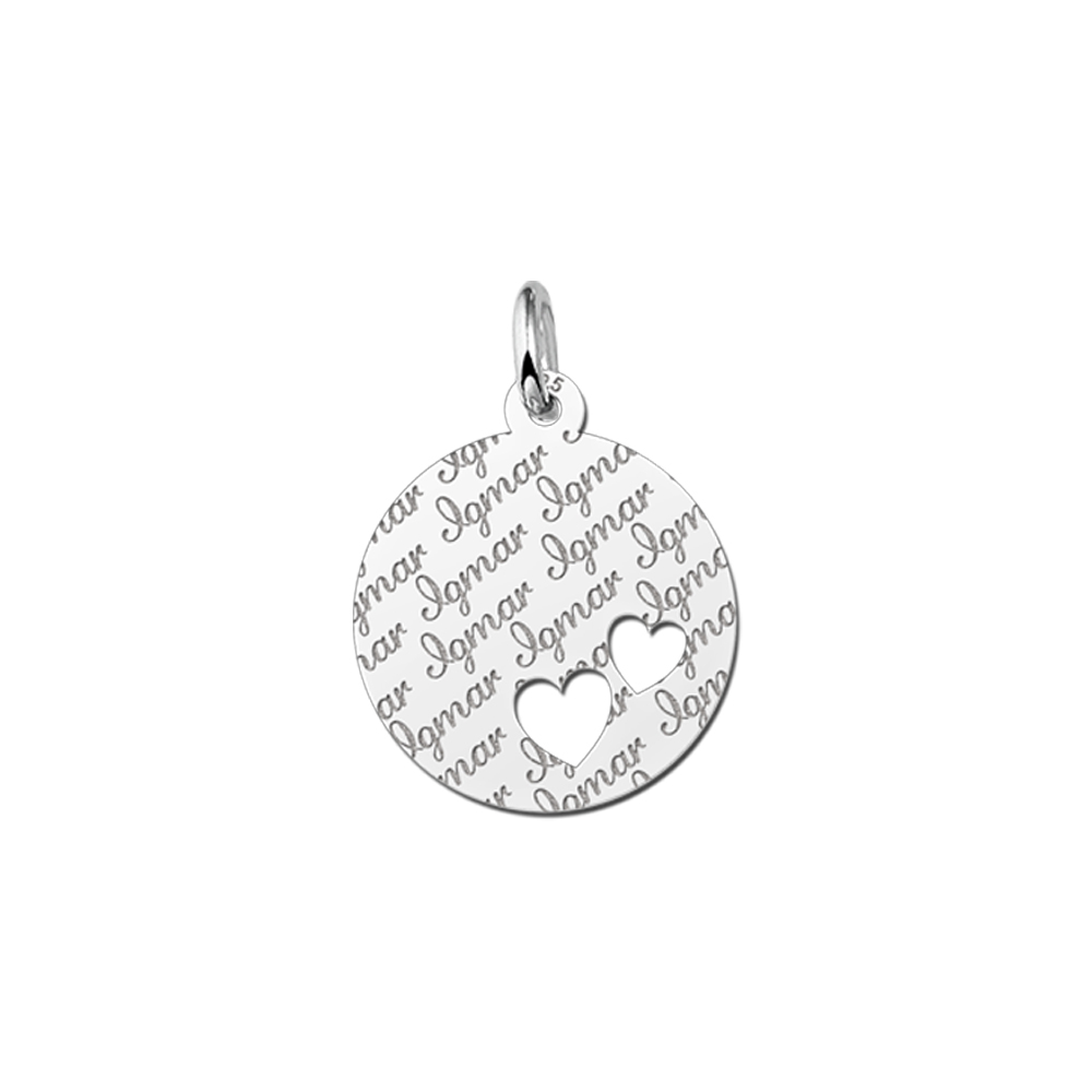 Silver Disc Necklace Repeatedly Engraved and Two Hearts