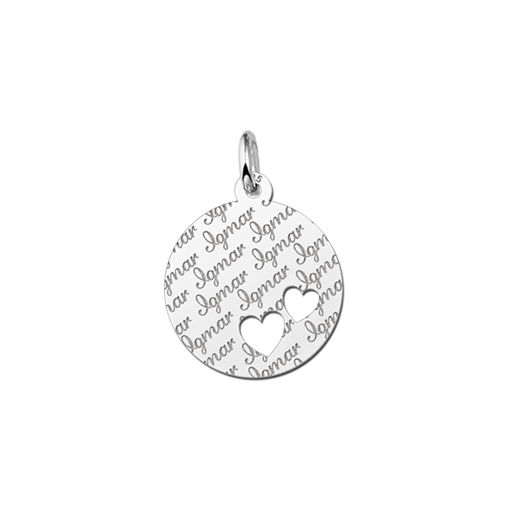 Silver pendant with repeated name and two hearts