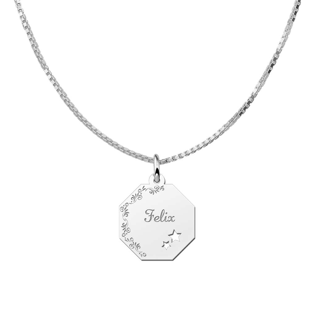 Solid Silver Pendant with Name, Flowerborder and Stars