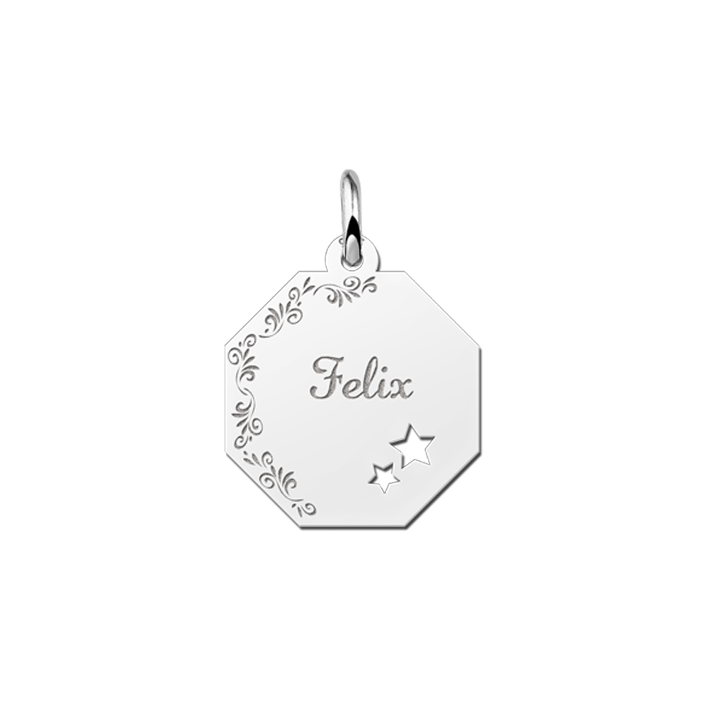 Solid Silver Pendant with Name, Flowerborder and Stars