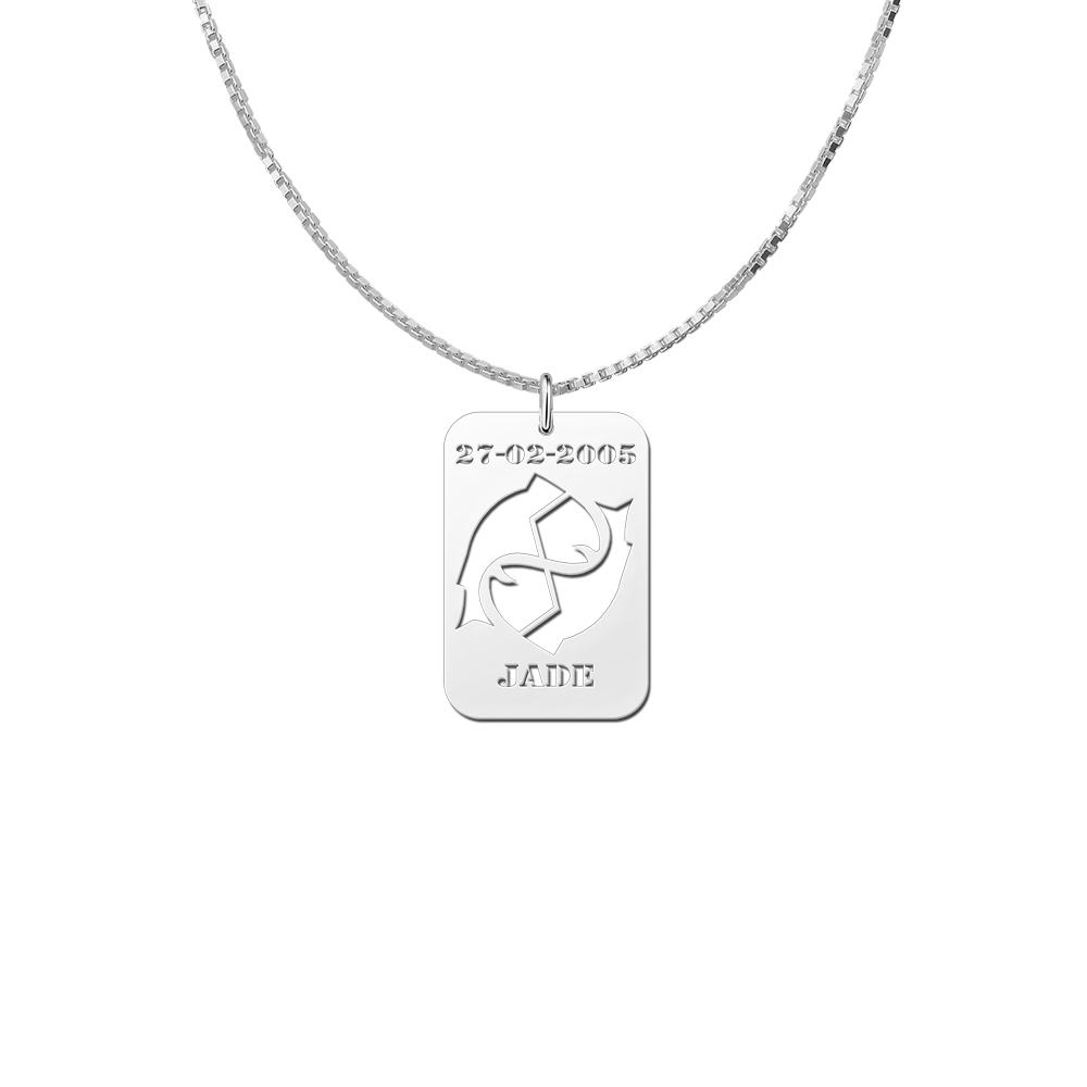 Silver Zodiac Pendant Pisces with Date and Name Engraving