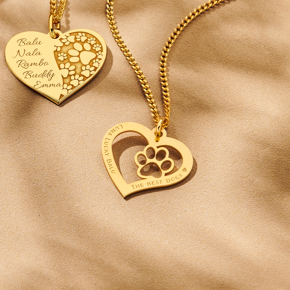 Gold heart pendant with paw print and engraving