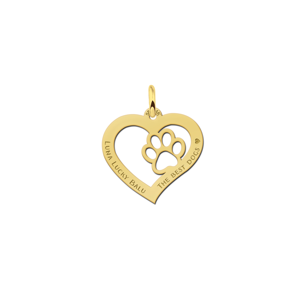 Gold heart pendant with paw print and engraving