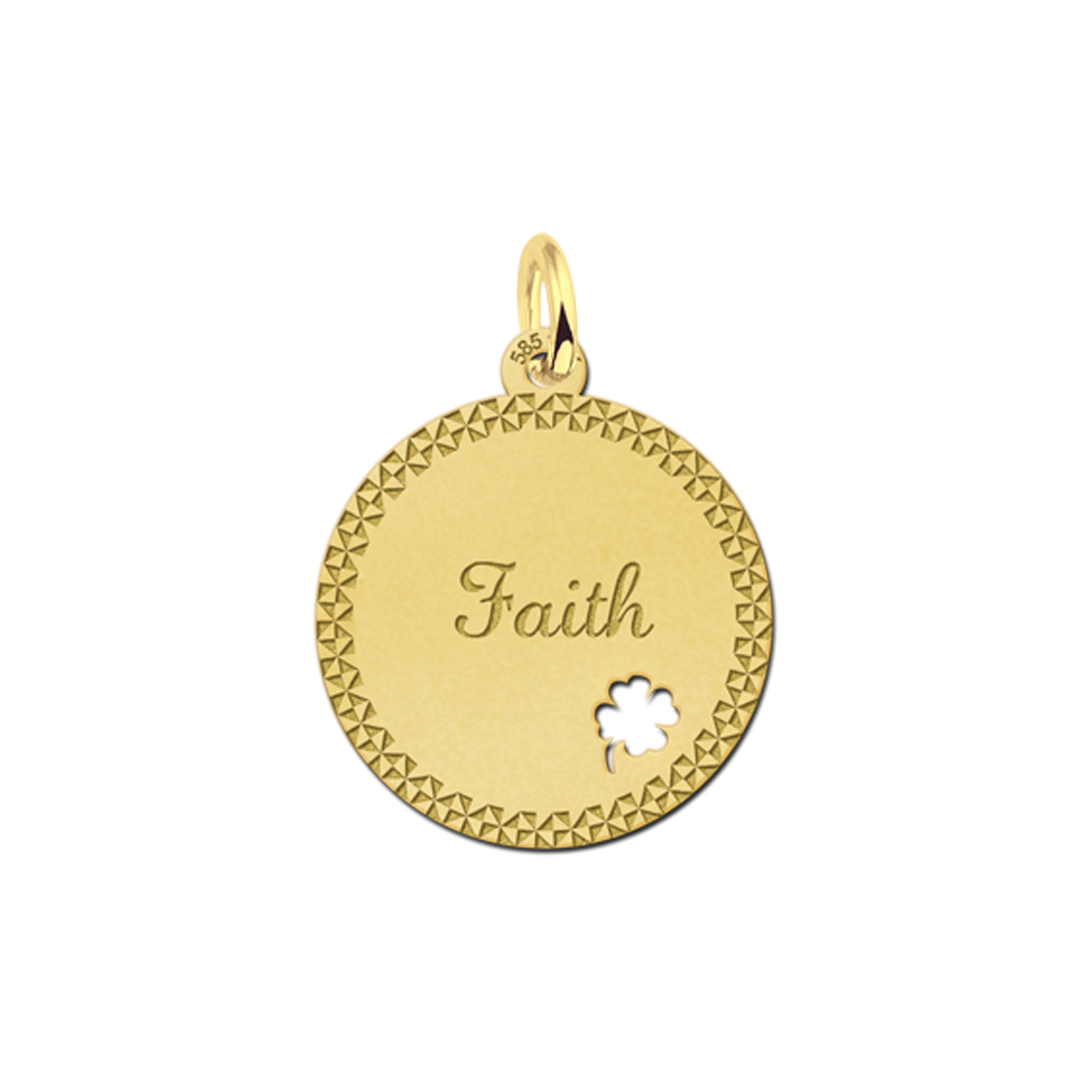 Personalised Gold Disc Pendant with Border and Four Leaf Clover