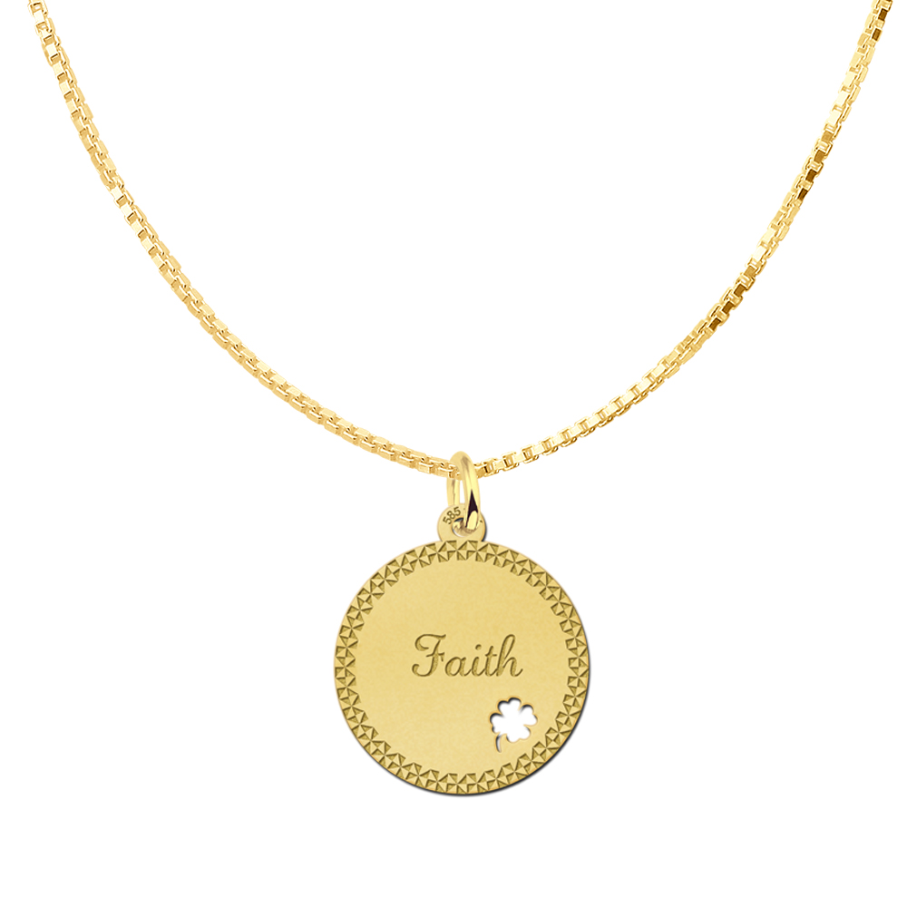 Personalised Gold Disc Pendant with Border and Four Leaf Clover