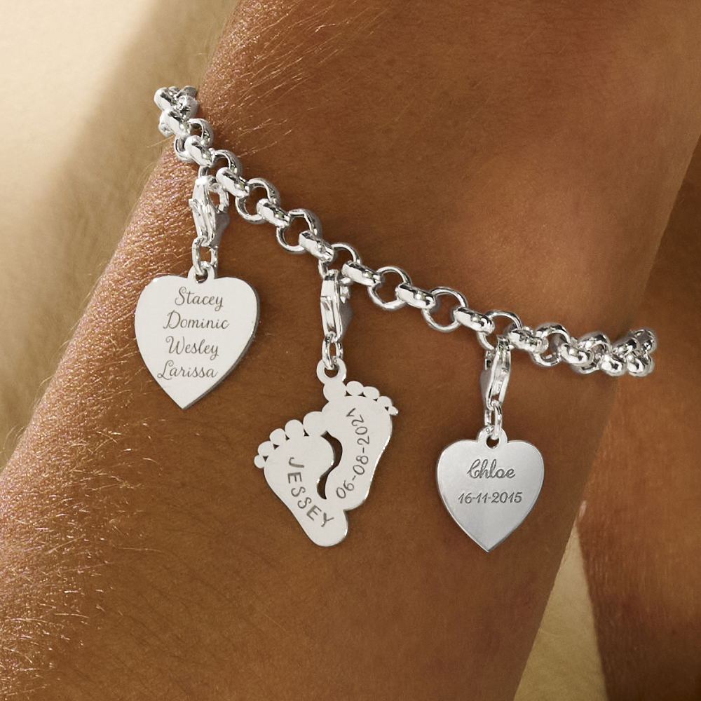 Silver charm babyfeet with name and date