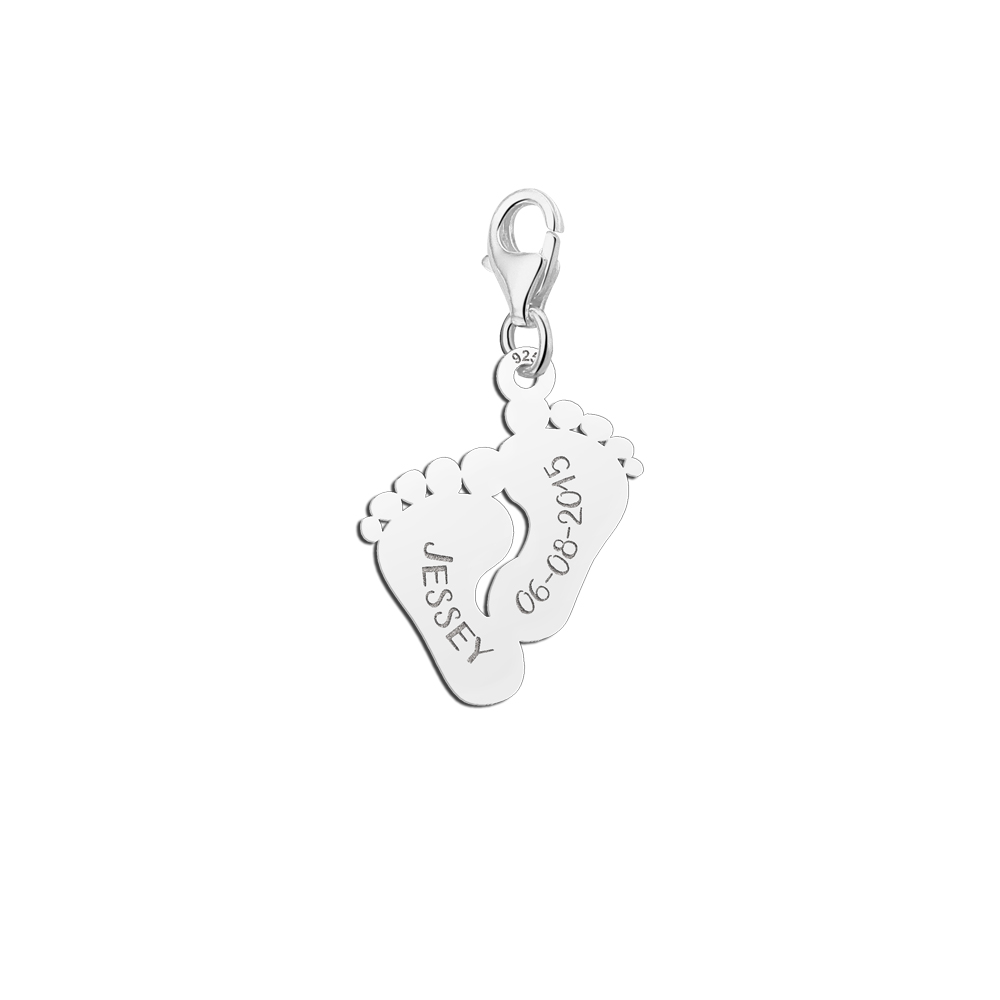 Silver charm babyfeet with name and date
