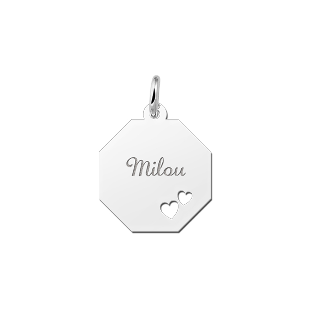Silver octagonal pendant with 2 hearts