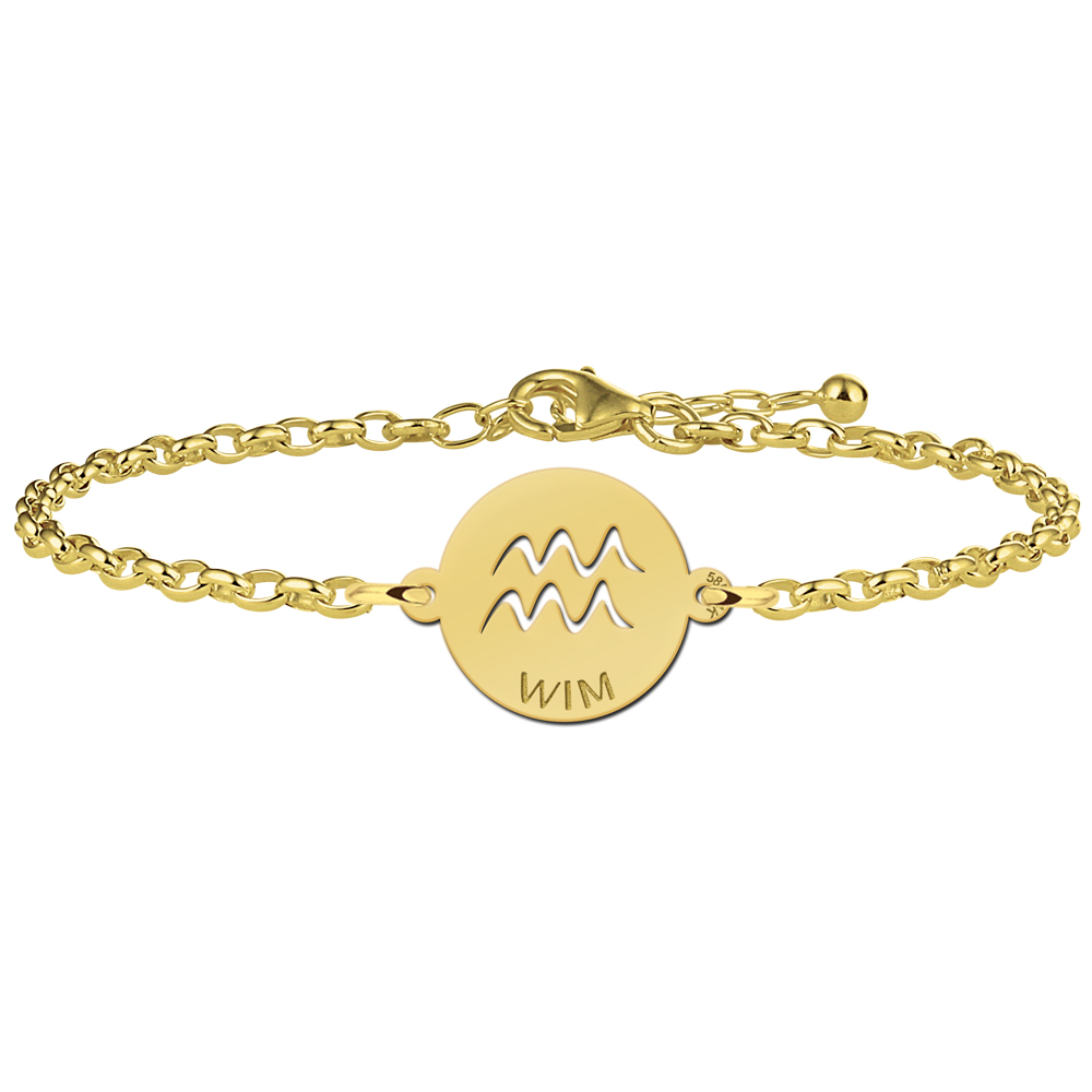 Golden zodiac bracelet round Aquarius