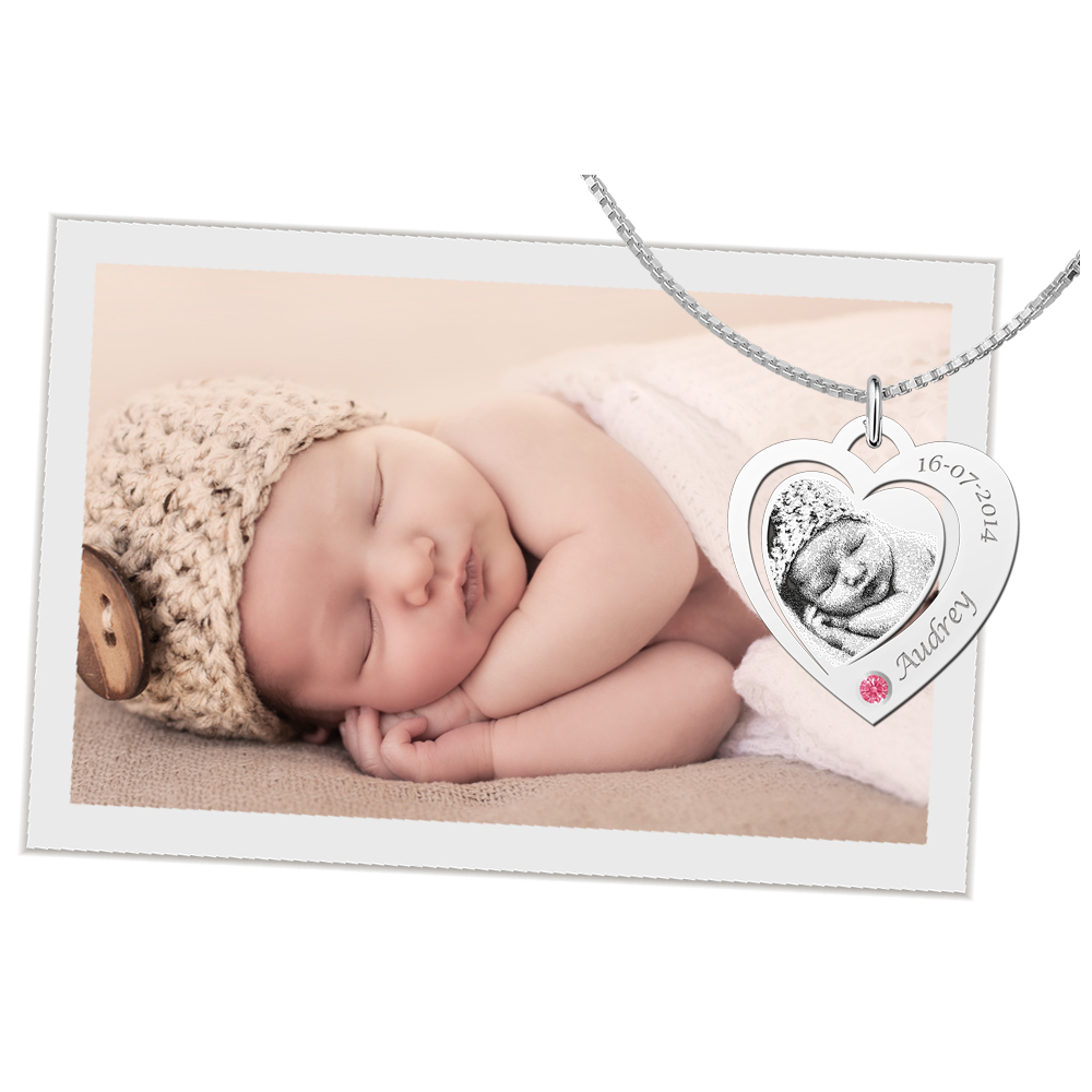 Photo pendant heart with Swarovski crystal silver
