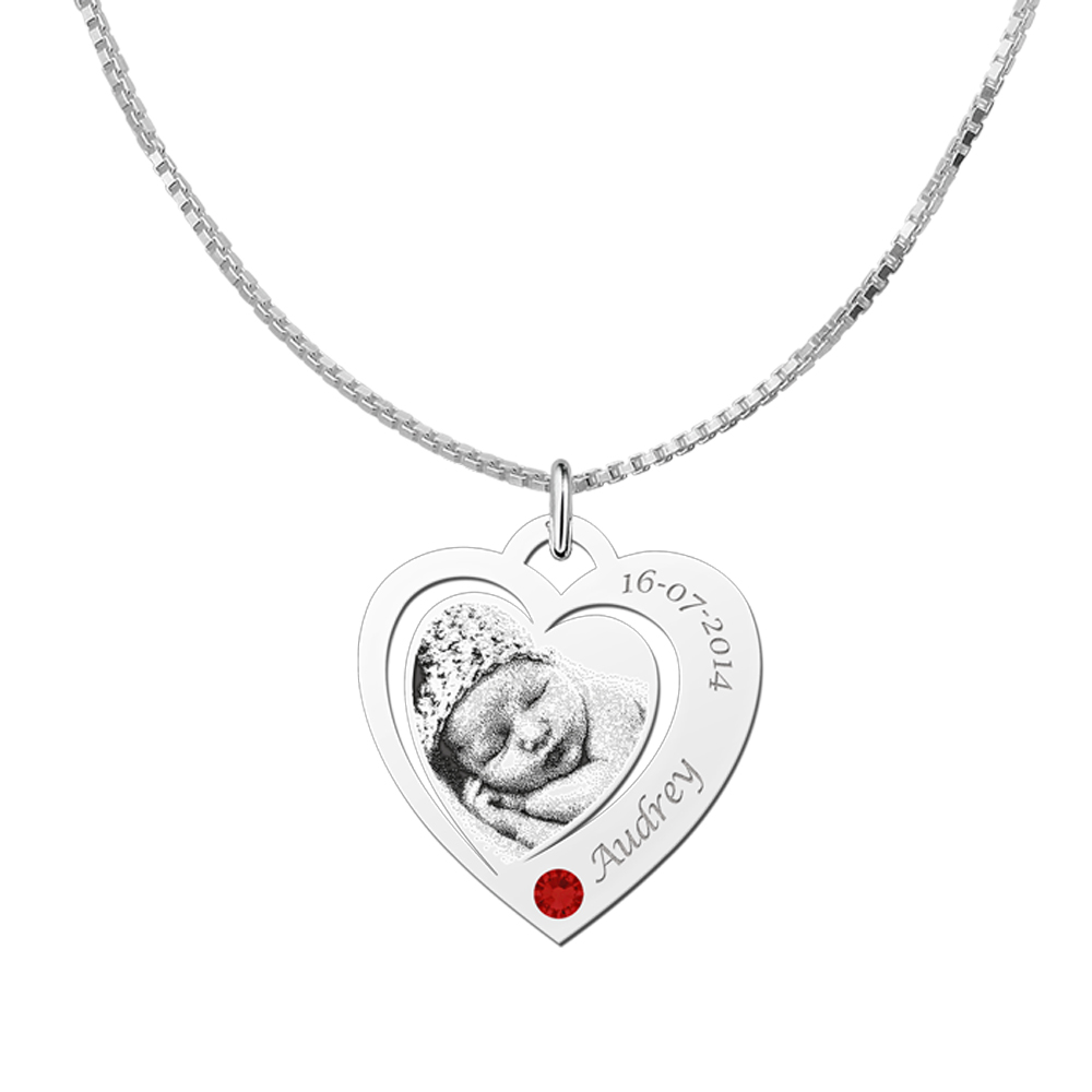 Photo pendant heart with Swarovski crystal silver