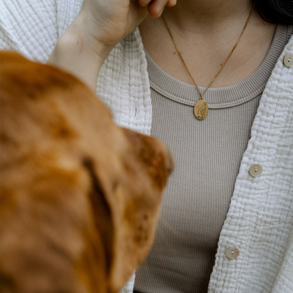 Gold dog necklace with name Chow Chow