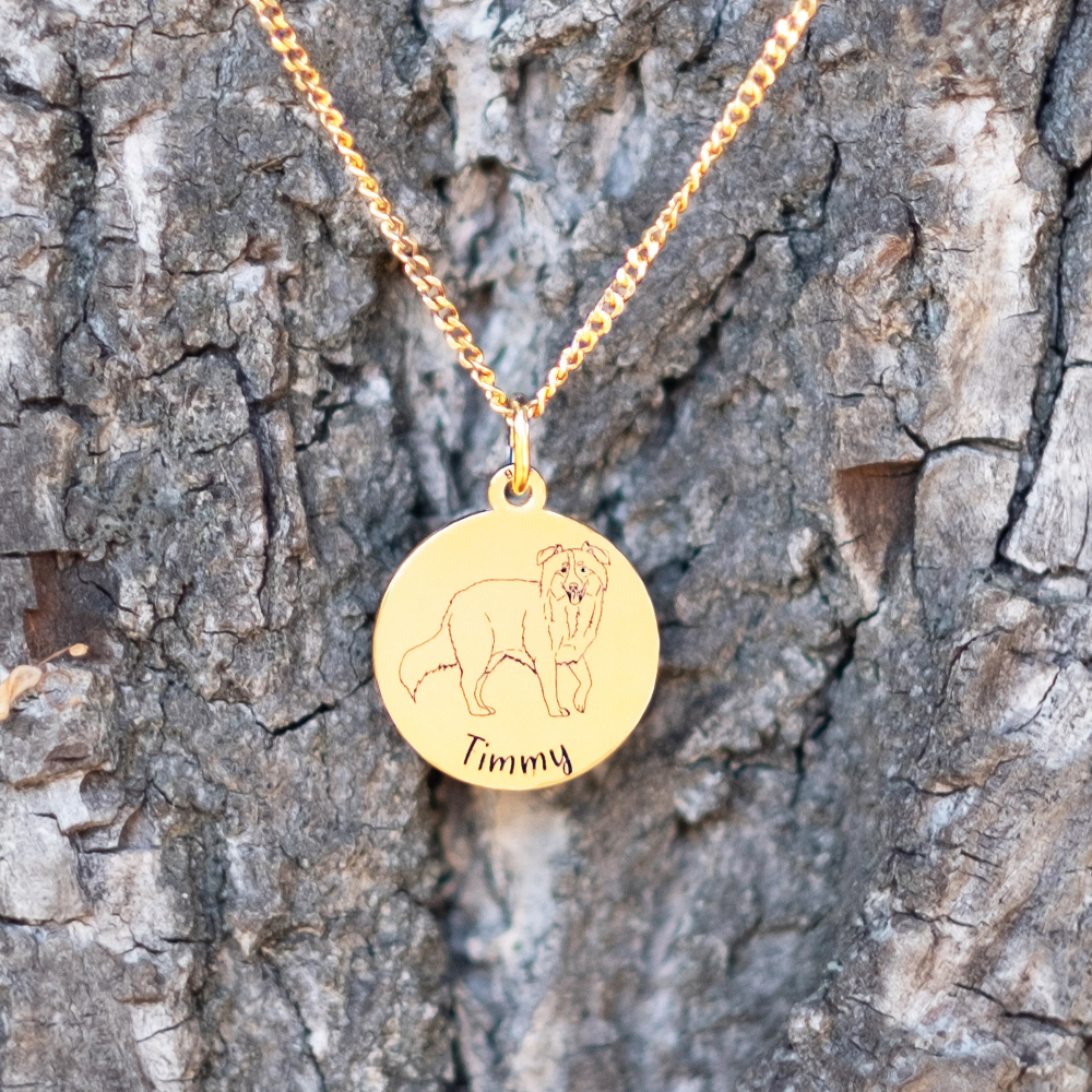 Gold dog necklace with name Chow Chow