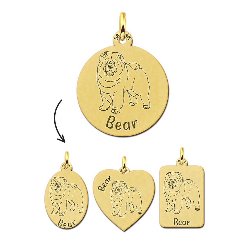 Gold dog necklace with name Chow Chow