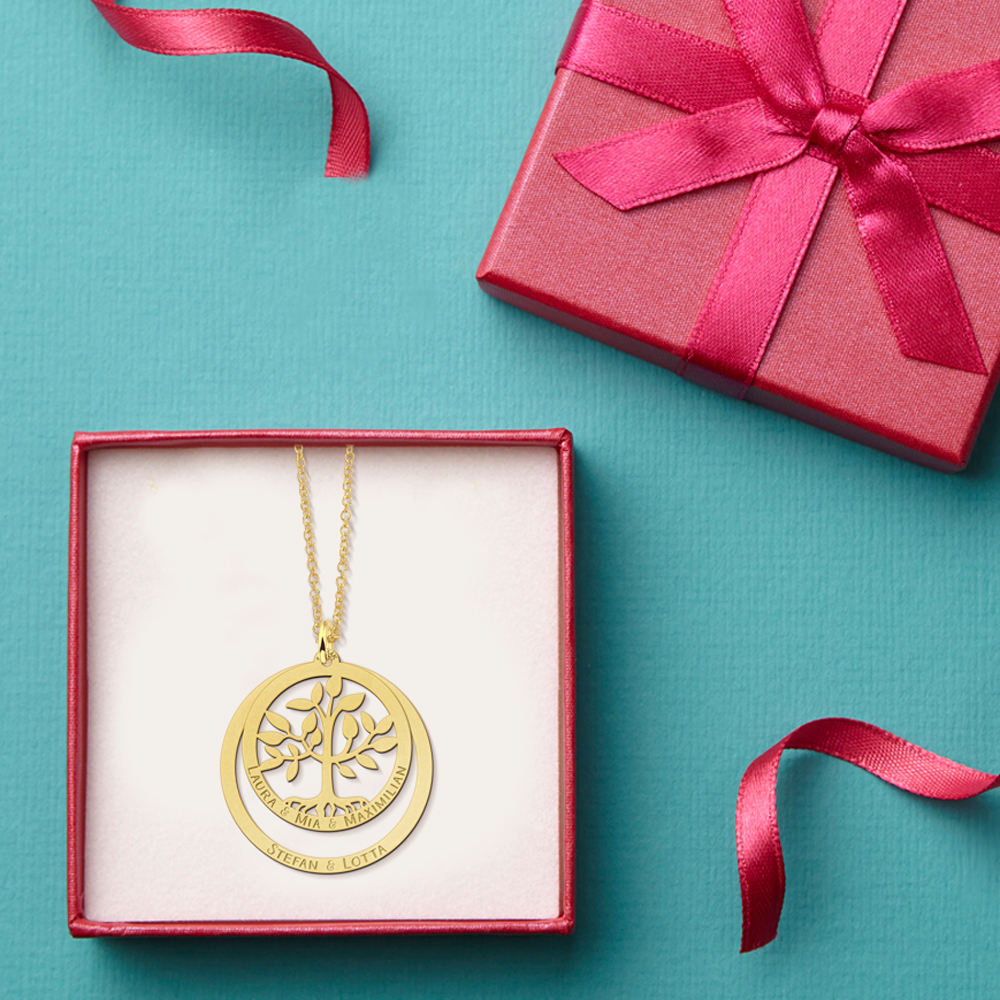 Gold round family pendant with tree of life