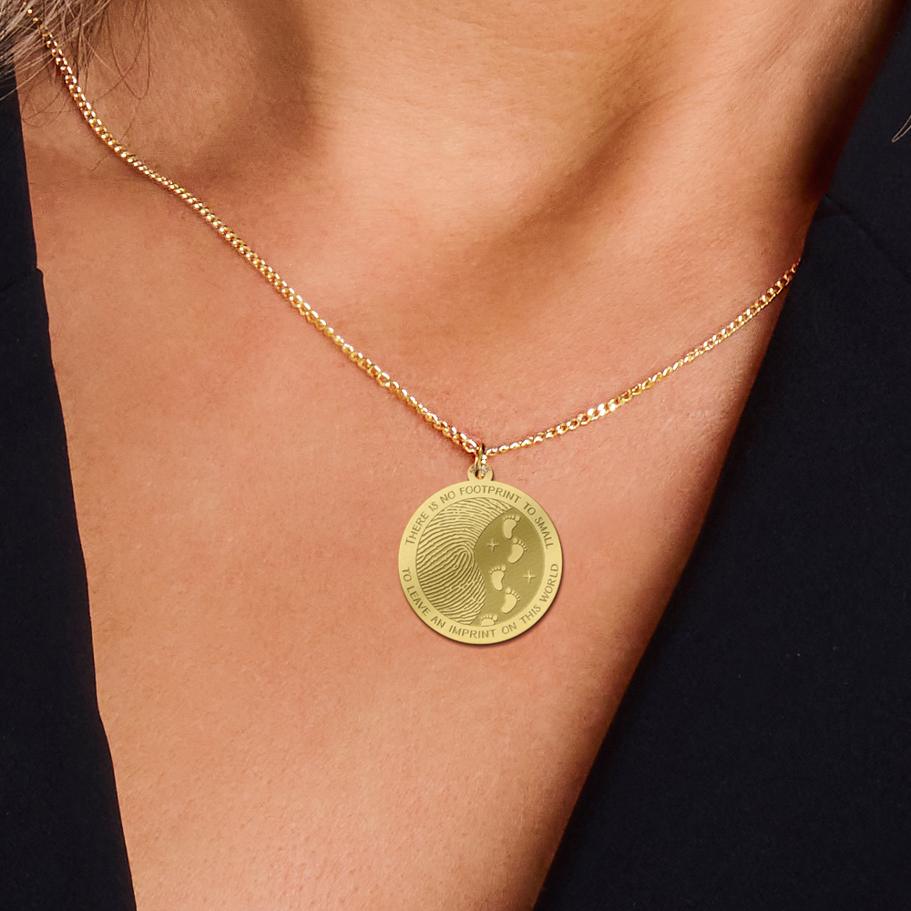 Golden round fingerprint pendant with footprints