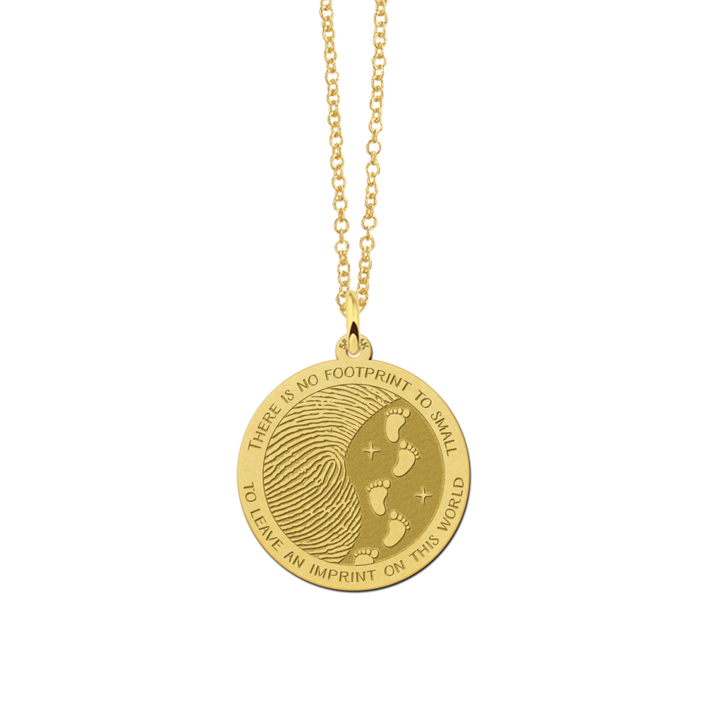 Golden round fingerprint pendant with footprints