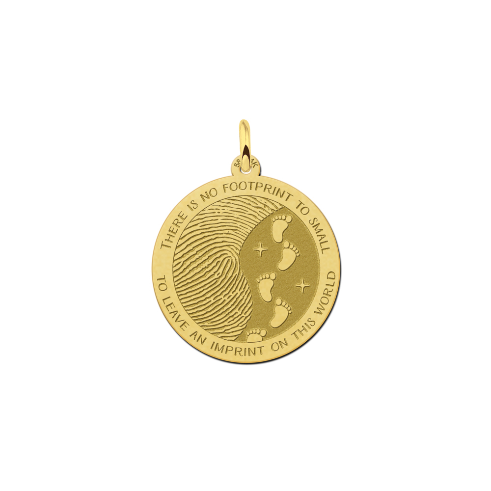 Golden round fingerprint pendant with footprints