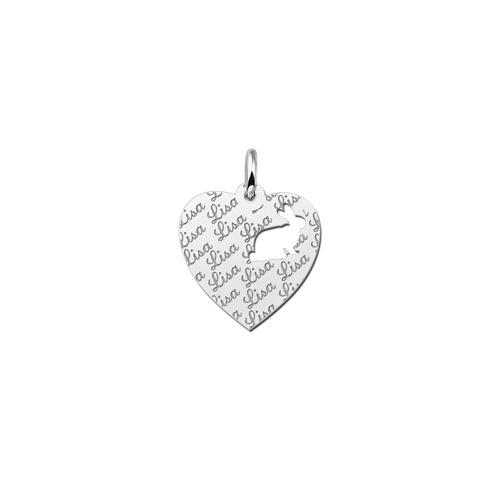 Silver Heart Pendant with Rabit, Engraved Repeatedly
