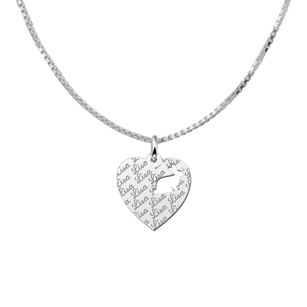 Silver Heart Pendant with Rabit, Engraved Repeatedly