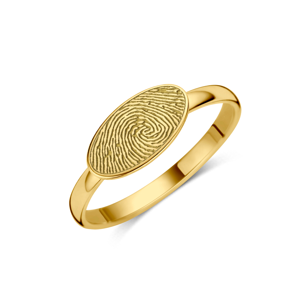 Gold horizontal oval signet ring with fingerprint