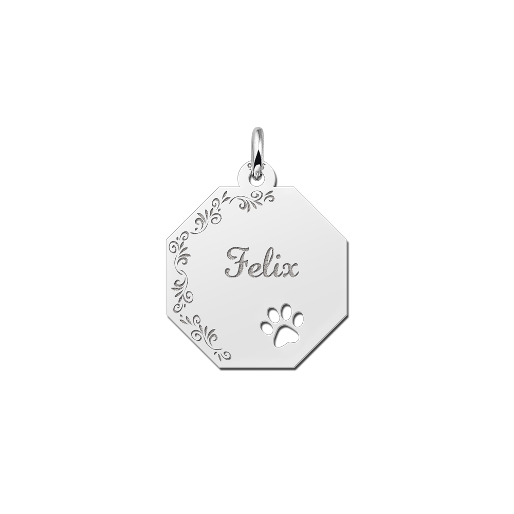 Silver Octagon Pendant with Name, Flowerborder and Dog Paw