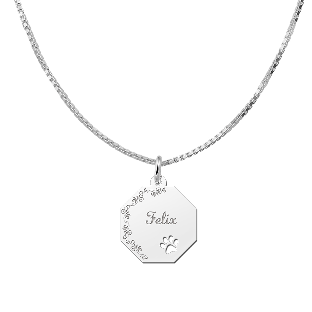 Silver Octagon Pendant with Name, Flowerborder and Dog Paw