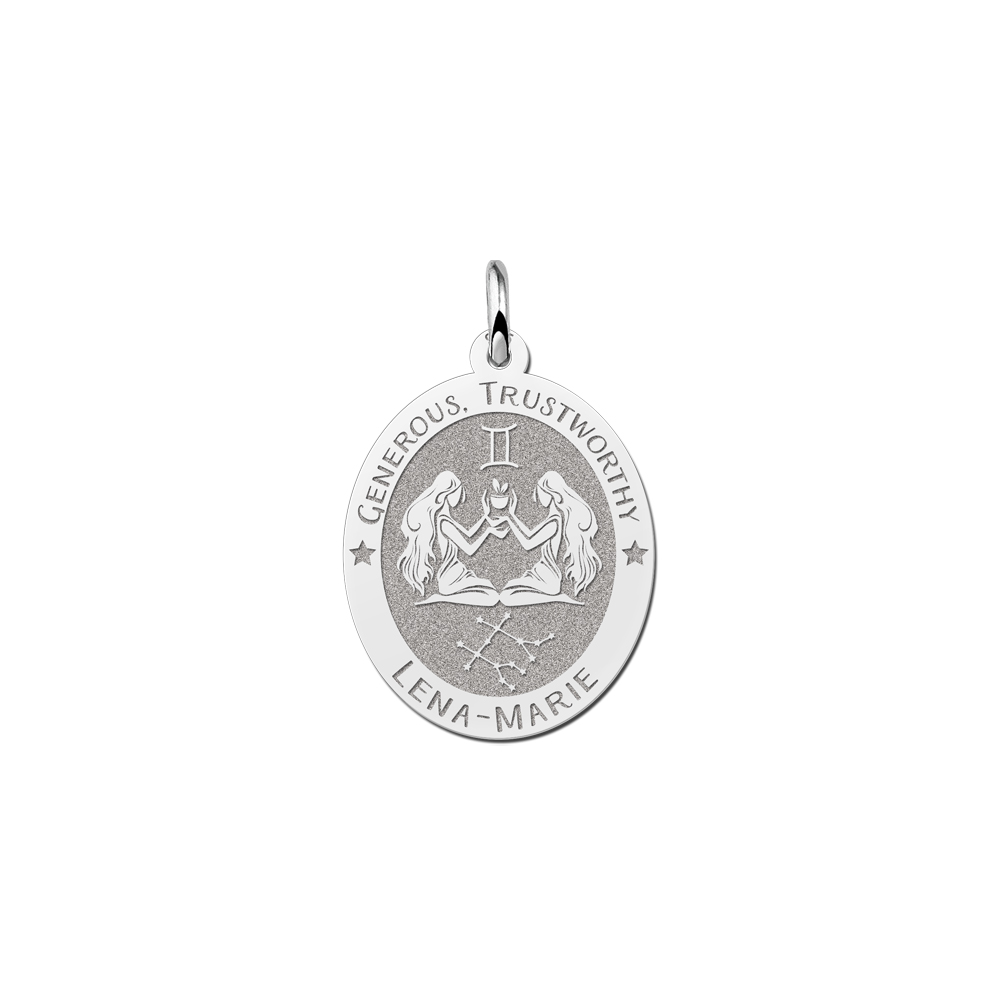 Silver Oval Zodiac Pendant Gemini with Name Engraving