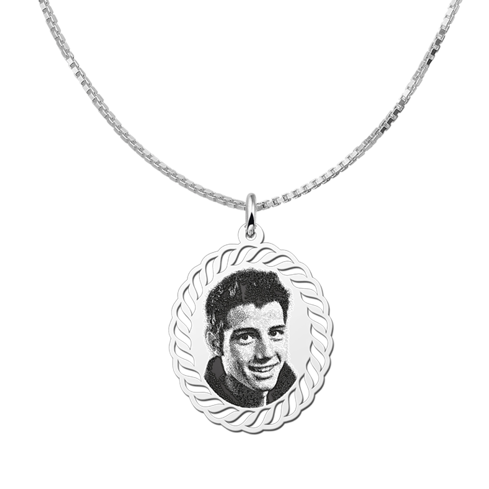 Photo engraving on oval pendant silver