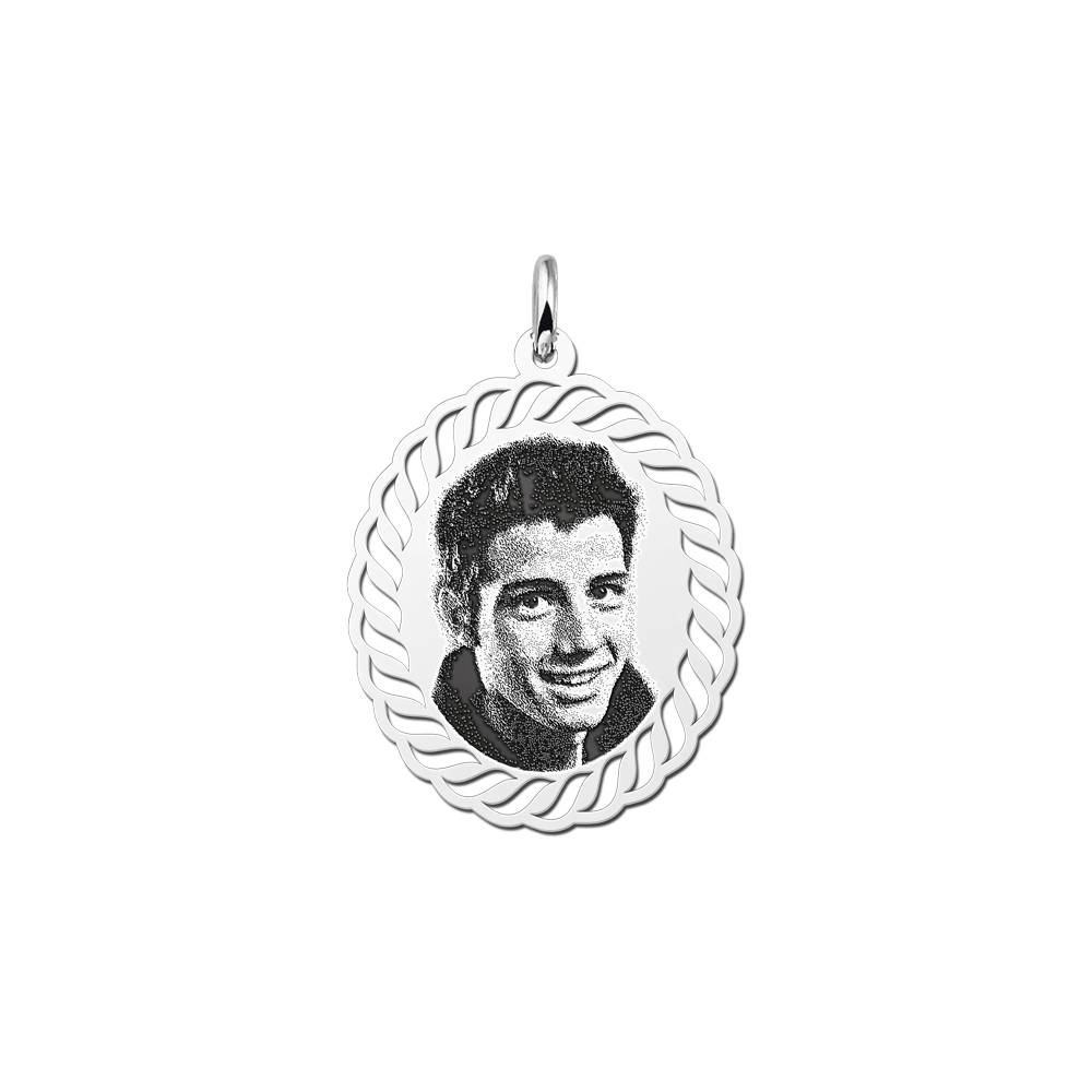 Photo engraving on oval pendant silver