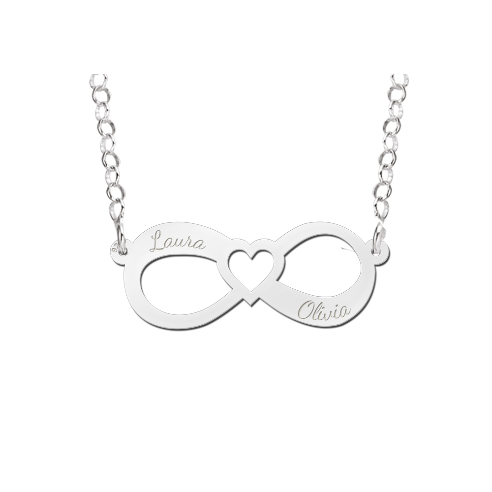 Silver Infinity Necklace With Two Names with heart and necklace