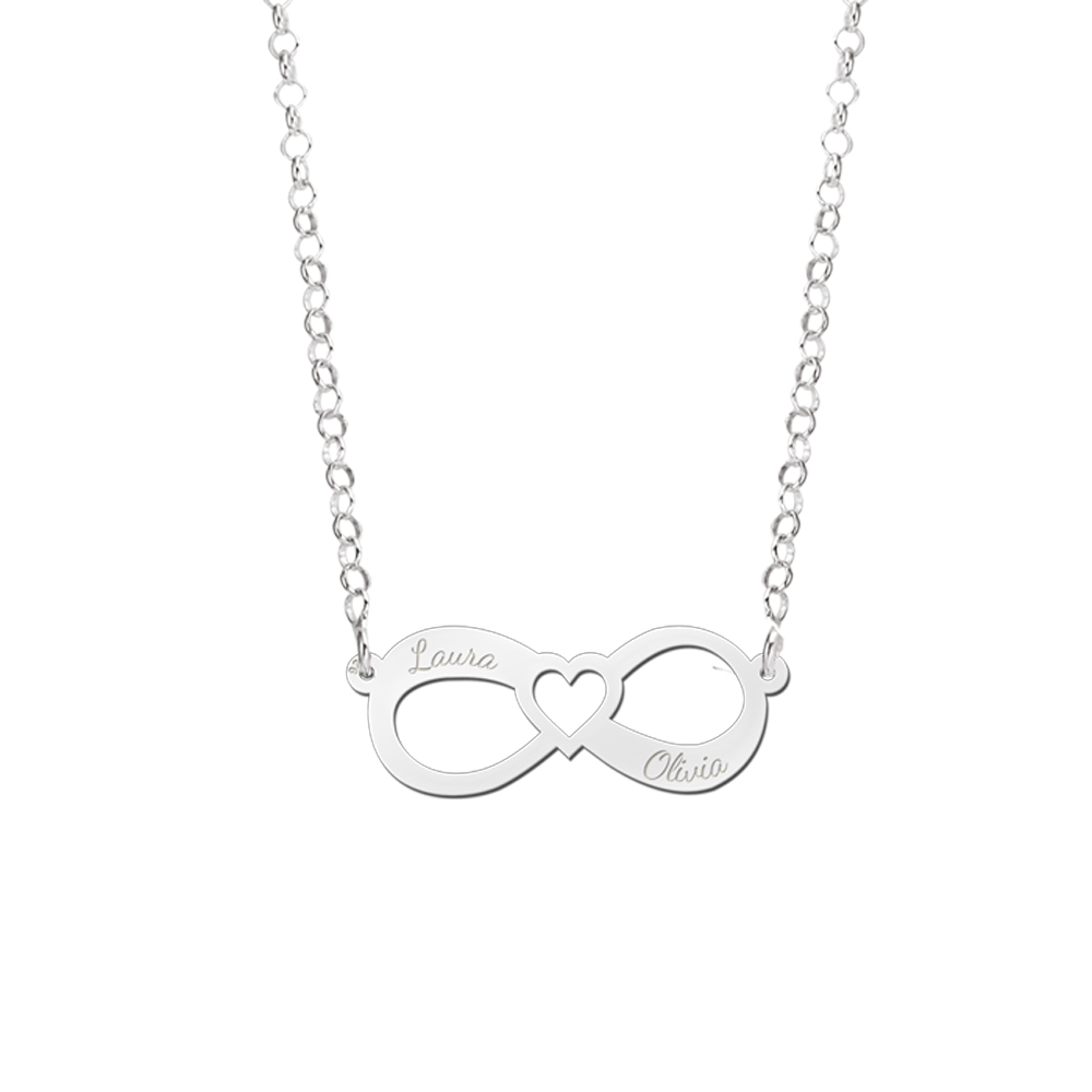 Silver Infinity Necklace With Two Names with heart and necklace