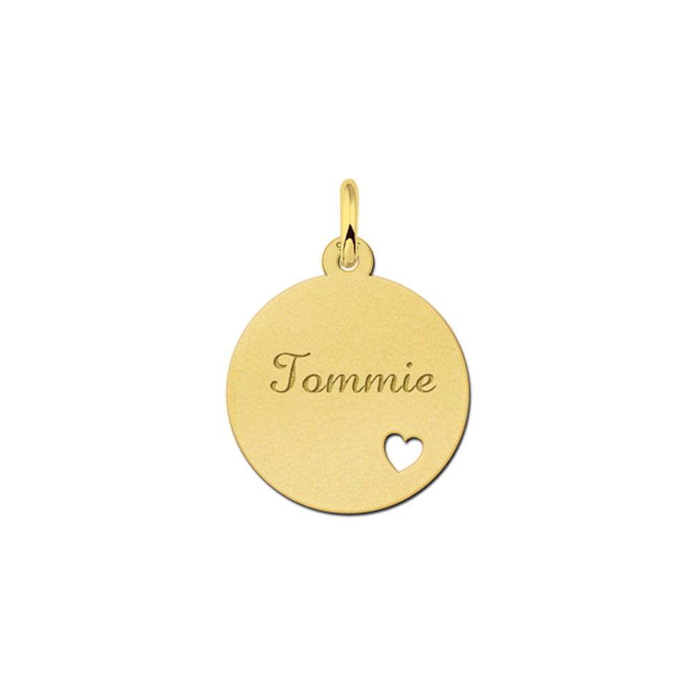 Gold-plated round pendant with name and cutout heart