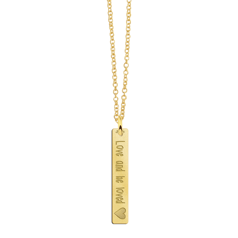 Gold bar necklace pendant with engravement and heart