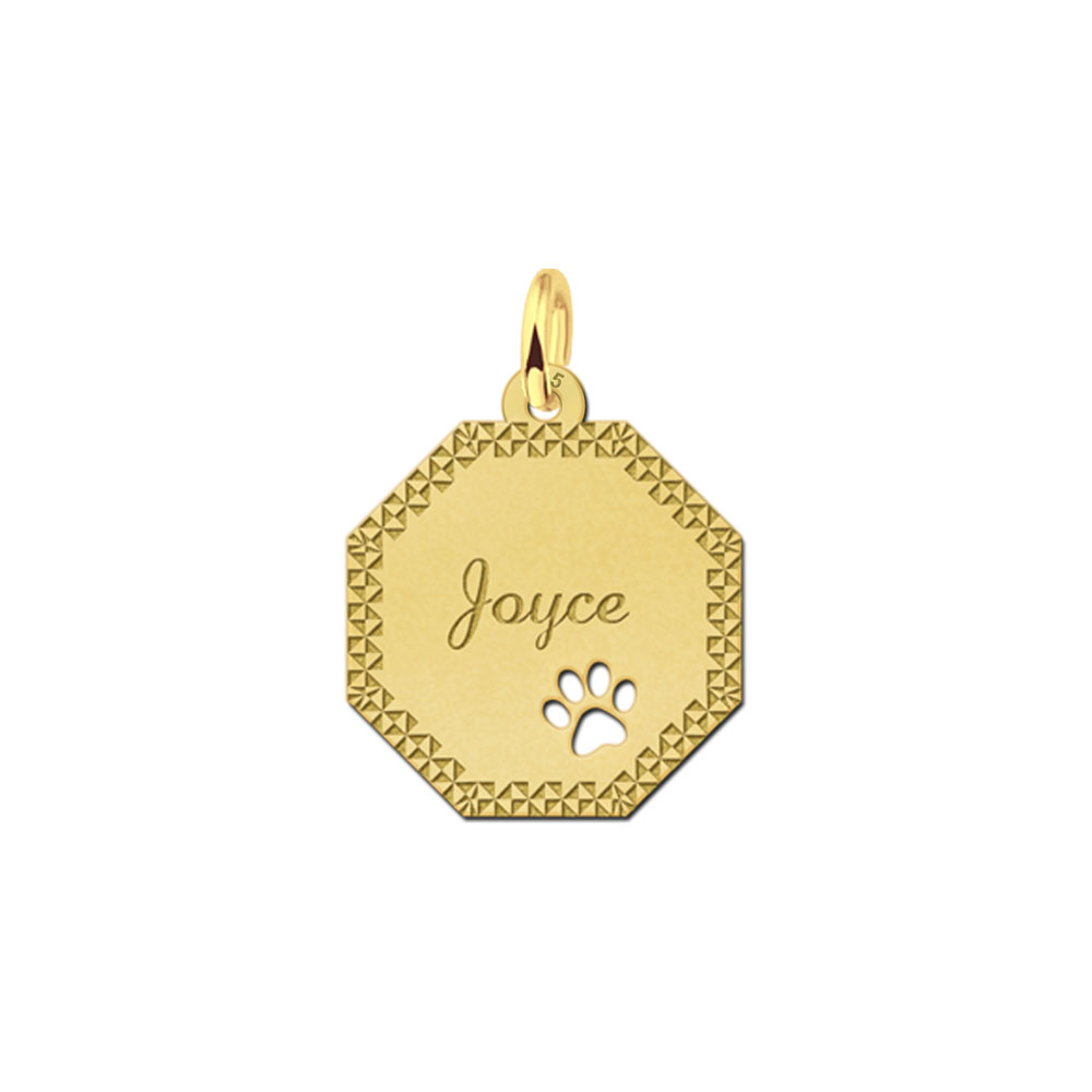 Gold-plated octagonal pendant with decorative border and dog paw