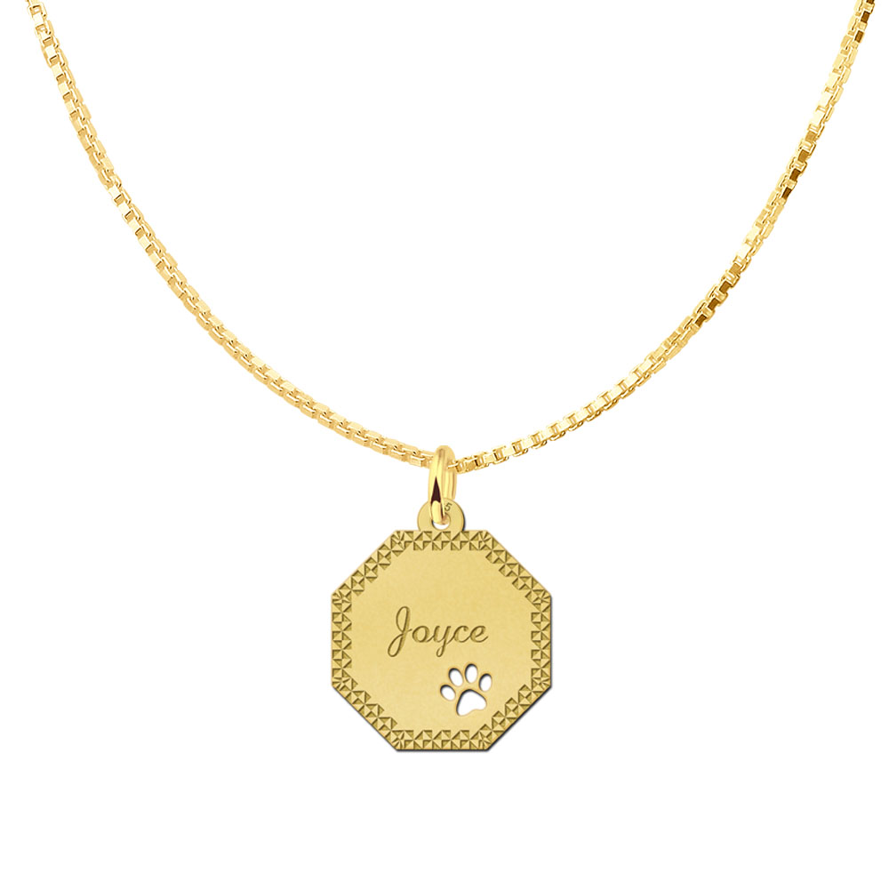 Gold-plated octagonal pendant with decorative border and dog paw