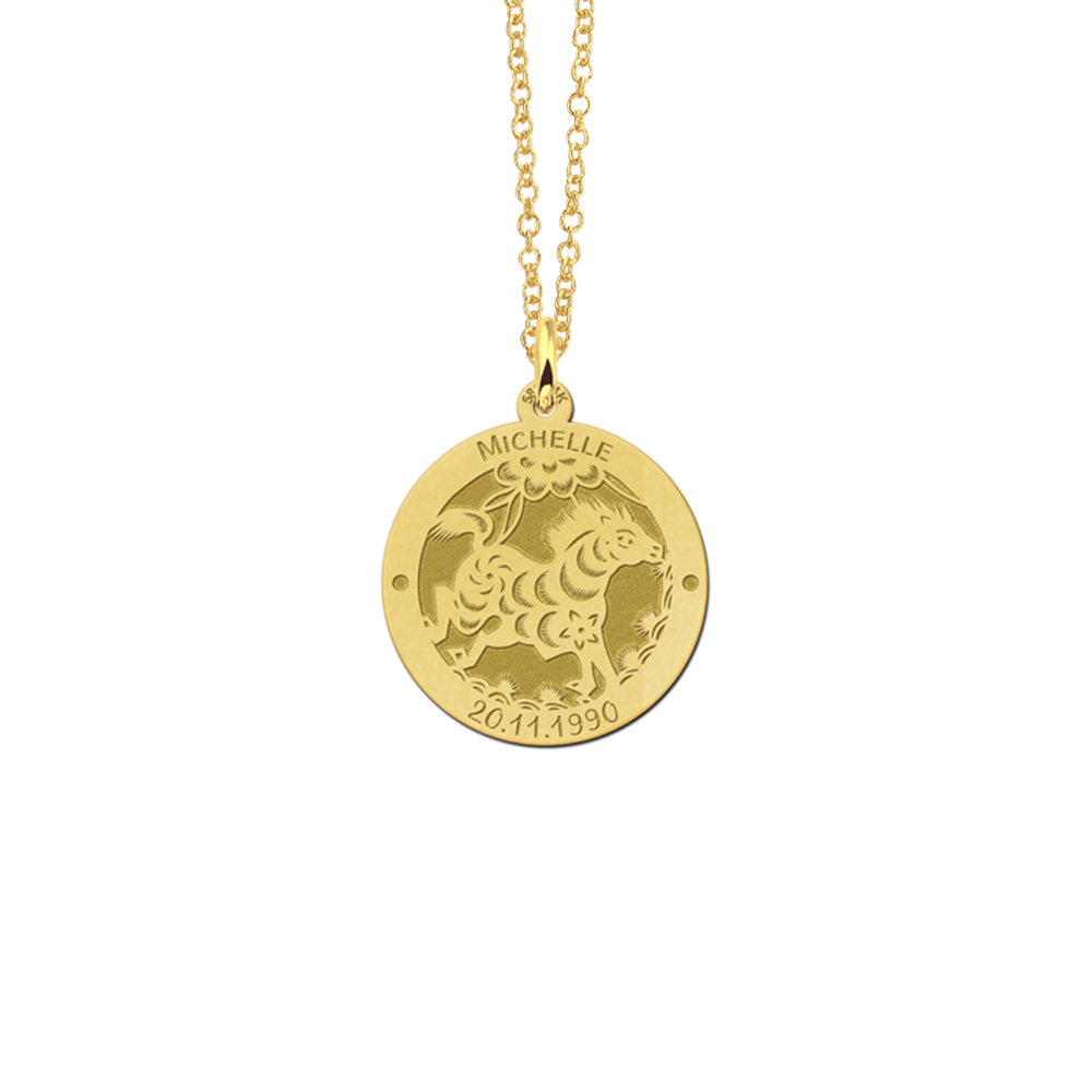 Gold round chinese zodiac pendant horse